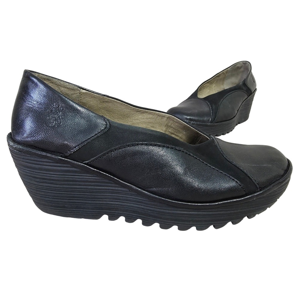 Fly London Black‎ Leather Slip On Wedge Shoes EU 41 Chunky Platform Pumps